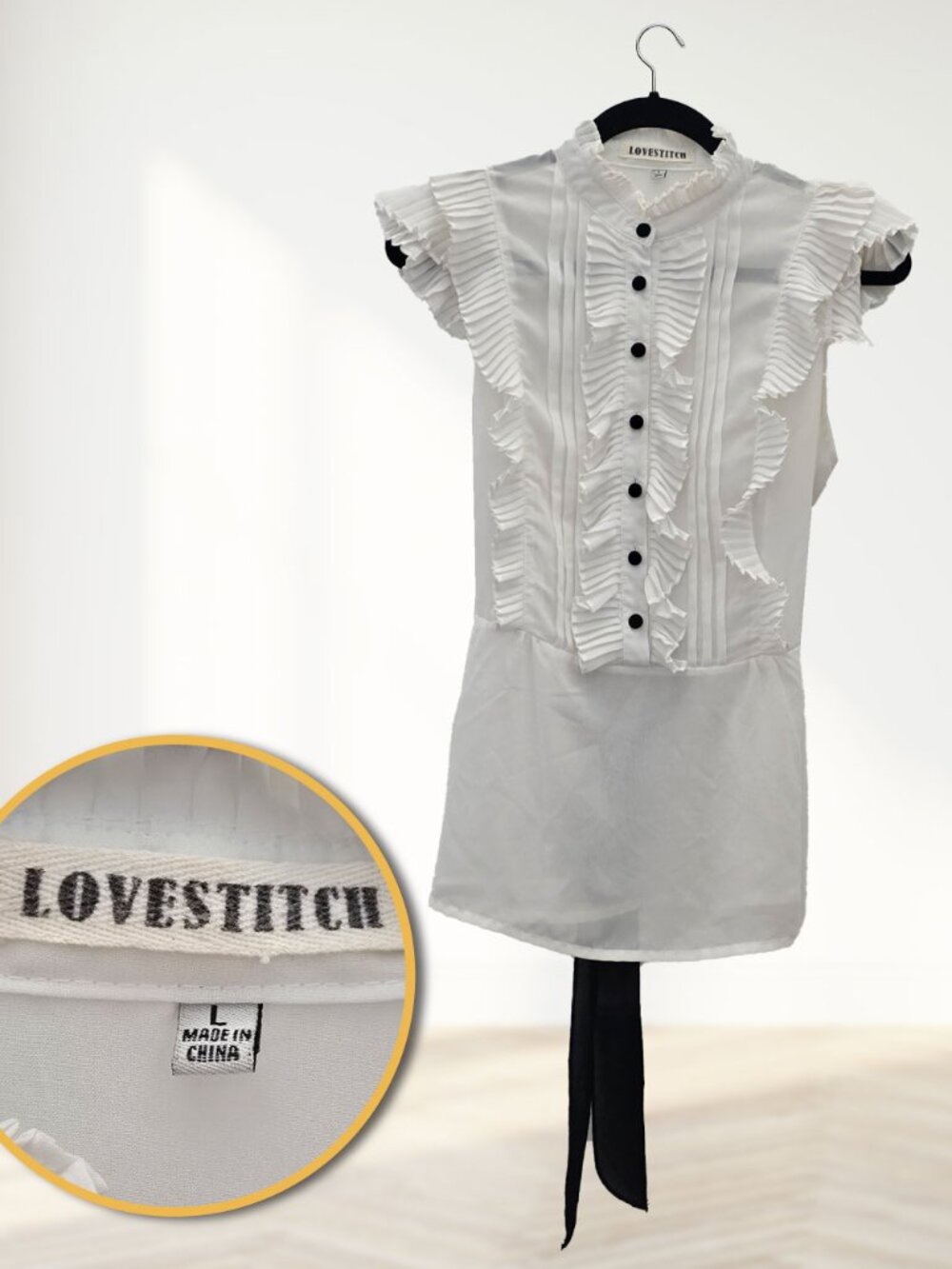 Love Stitch Blouse Sz Large White Pleated Ruffle Sleeveless Victorian